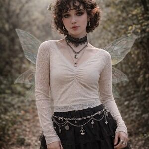 No Boundaries Lace Top Cream V-Neck Long Sleeve Ruched Bust Fairycore XL